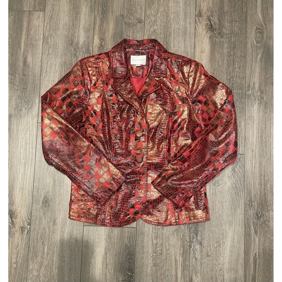 Erin London Jacket Womens Medium Red Textured Faux Leather Button Soft - Picture 1 of 4